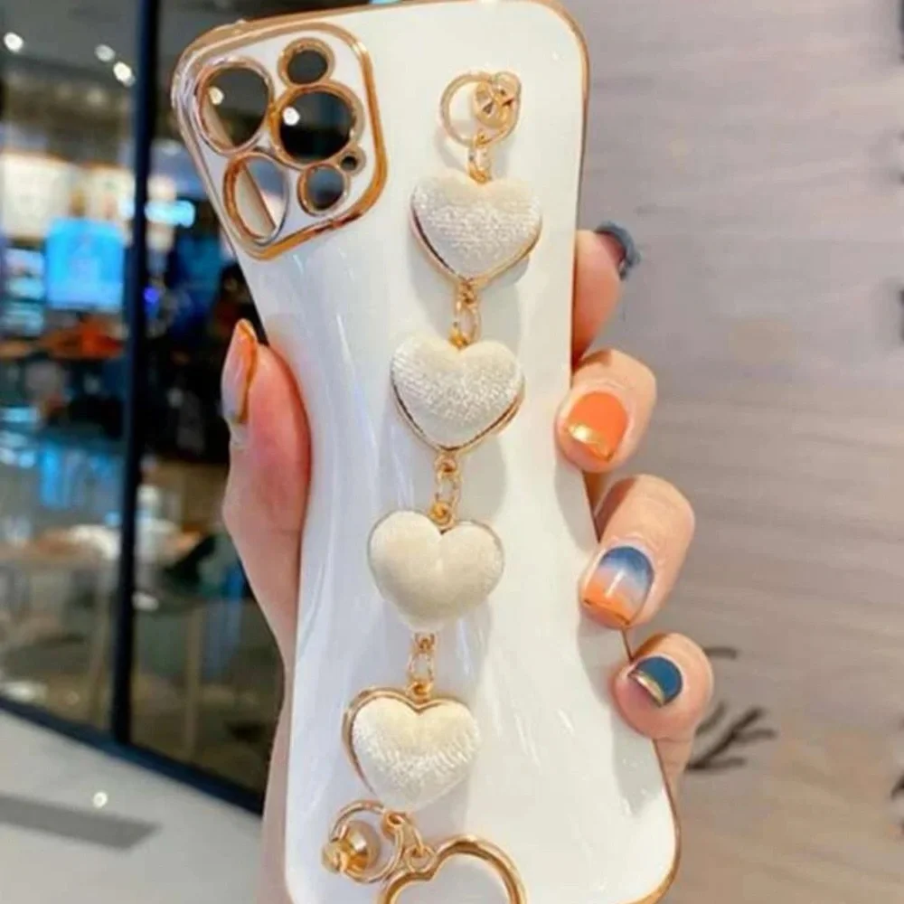 iPhone 15Pro 1pc Solid Color Plush Heart Shaped Bracelet & Phone Case